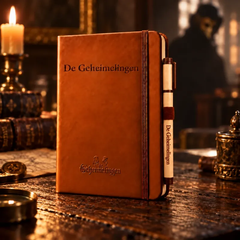 Notitieboek met De Geheimelingen-pen rechts in het elastiek als voorbeeld