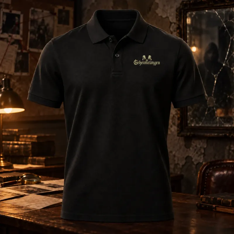 Zwarte polo met goudkleurig logo op de linkerborst van de drager