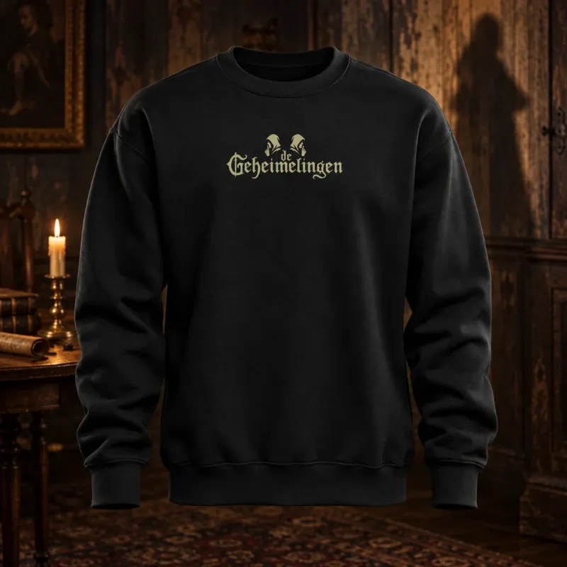 Zwarte sweater met goudkleurig logo midden op de borst
