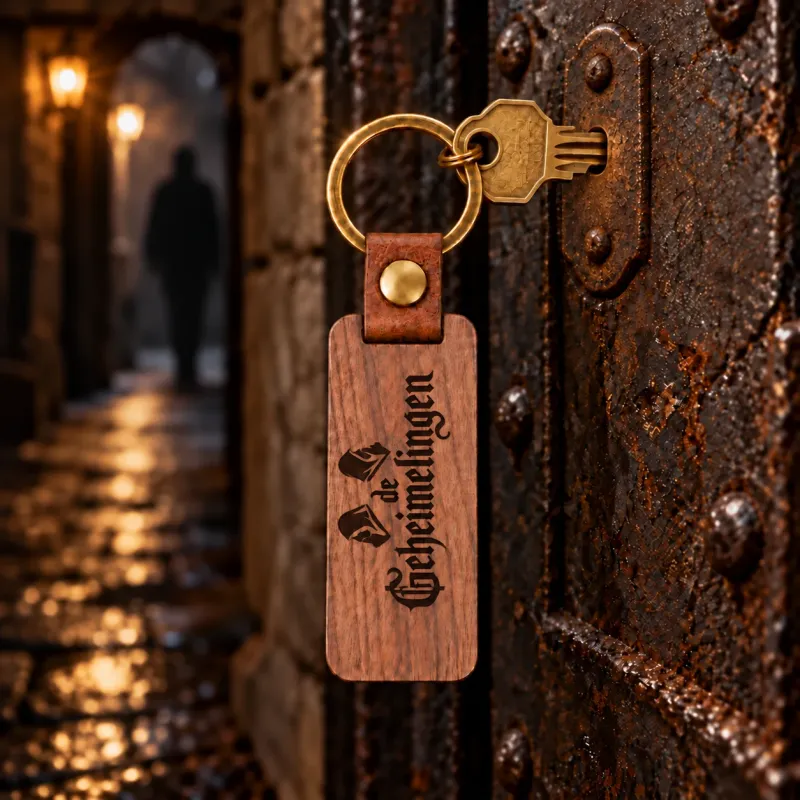 Houten sleutelhanger met duidelijk verticaal Geheimelingen-logo